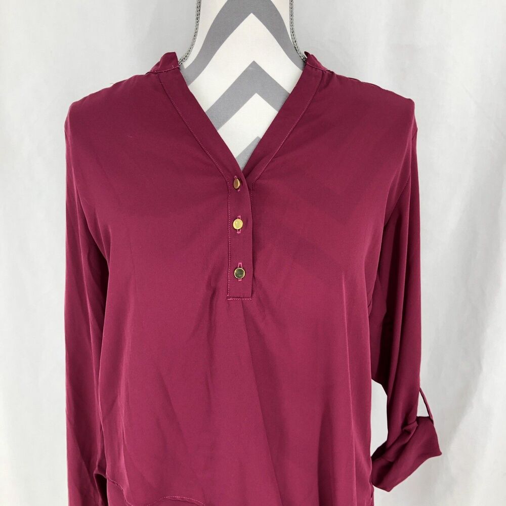 New Directions Red V Neck Long Sleeve Roll Tab Asymmetric Hem Blouse Small